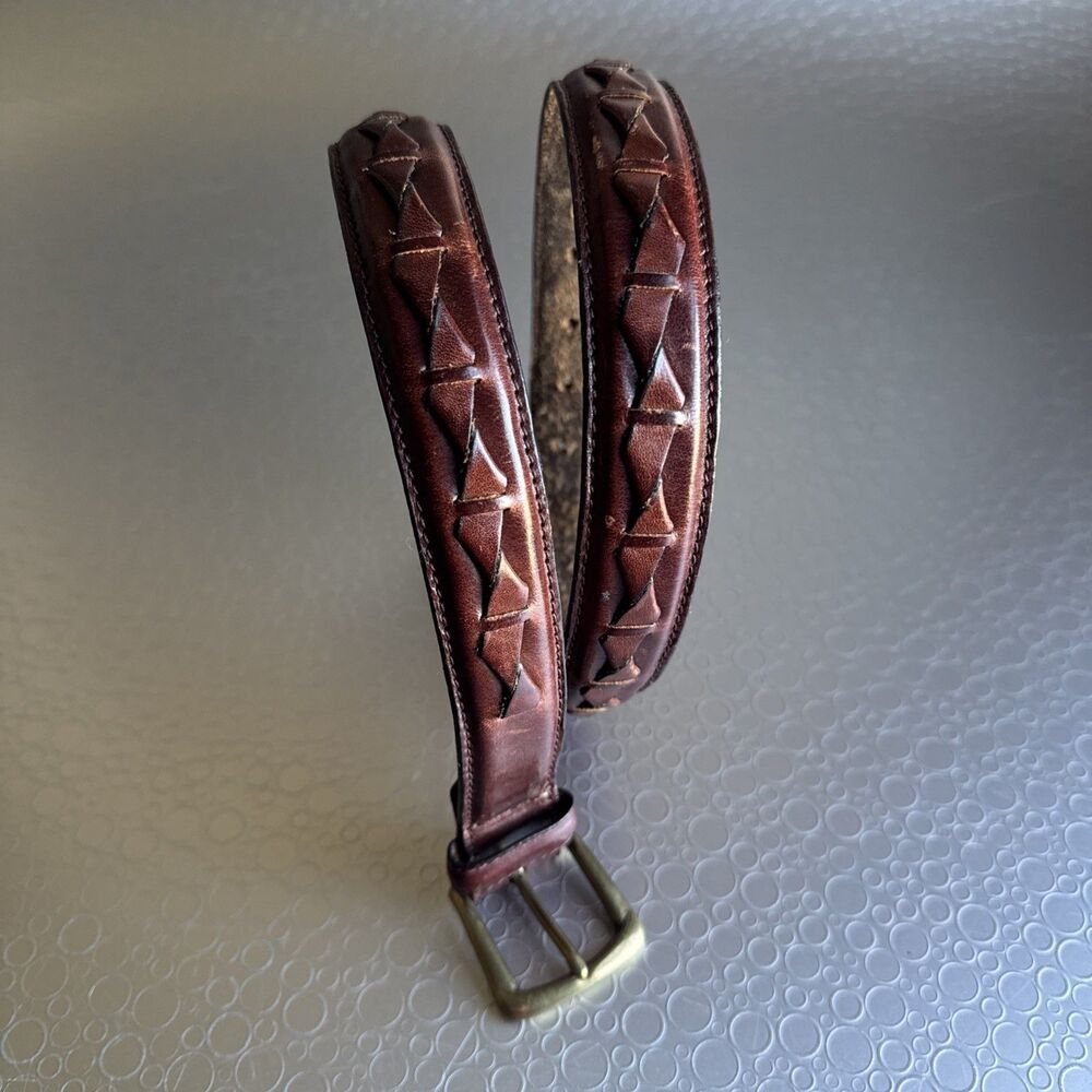 Vintage Oxblood Brown Leather Belt Woven Geometric Brass Buckle - Size 34 36
